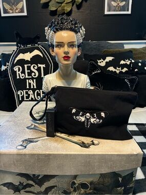NEW Gothic Upcycled Black Make-up Bag Death Moth Design Kill Star Lipstick NWT